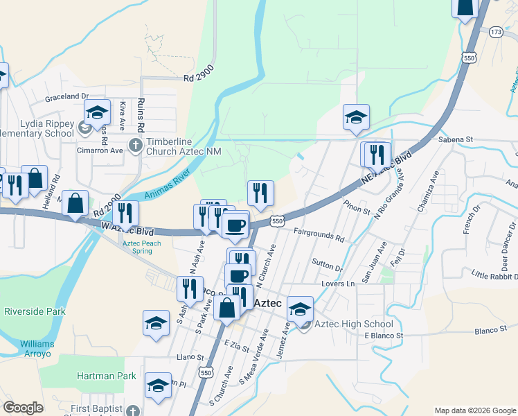 map of restaurants, bars, coffee shops, grocery stores, and more near 504 North Main Avenue in Aztec