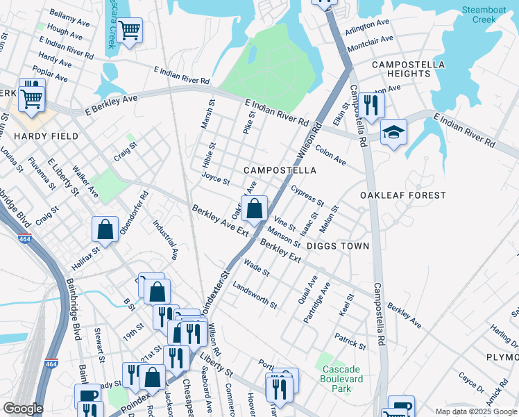 map of restaurants, bars, coffee shops, grocery stores, and more near 1618 Selden Avenue in Norfolk