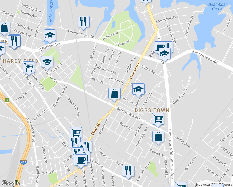 map of restaurants, bars, coffee shops, grocery stores, and more near 1618 Selden Avenue in Norfolk