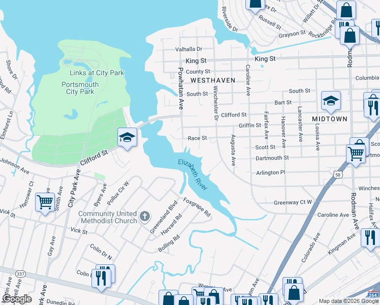 map of restaurants, bars, coffee shops, grocery stores, and more near 1400 Amelia Avenue in Portsmouth