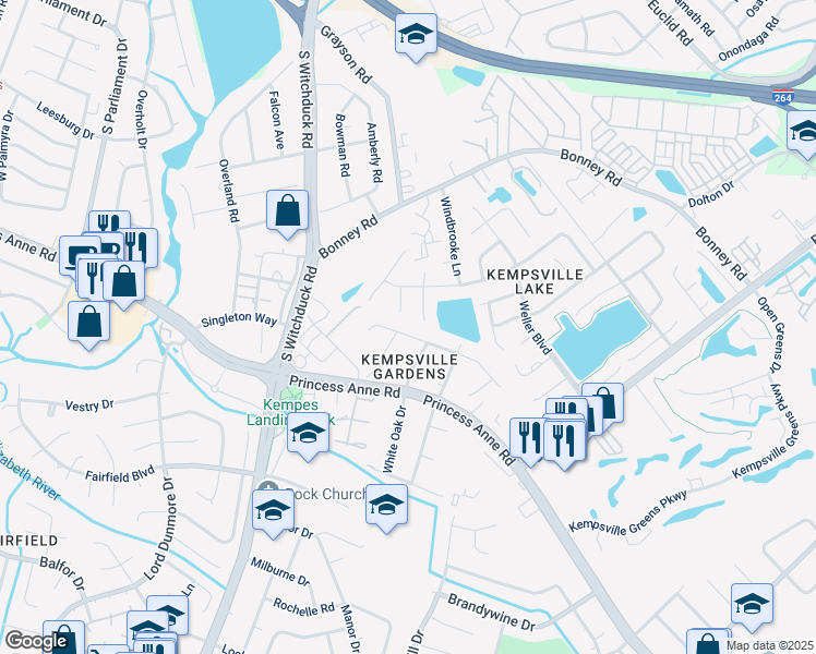 map of restaurants, bars, coffee shops, grocery stores, and more near 412 Belingham Road in Virginia Beach