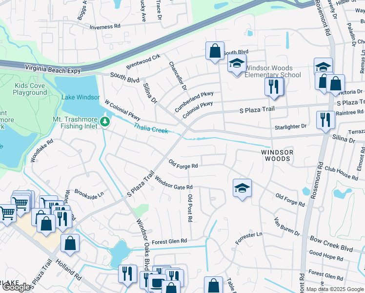 map of restaurants, bars, coffee shops, grocery stores, and more near 3852 Concord Bridge Road in Virginia Beach