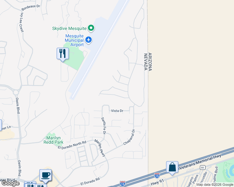 map of restaurants, bars, coffee shops, grocery stores, and more near 663 Mountain View Drive in Mesquite