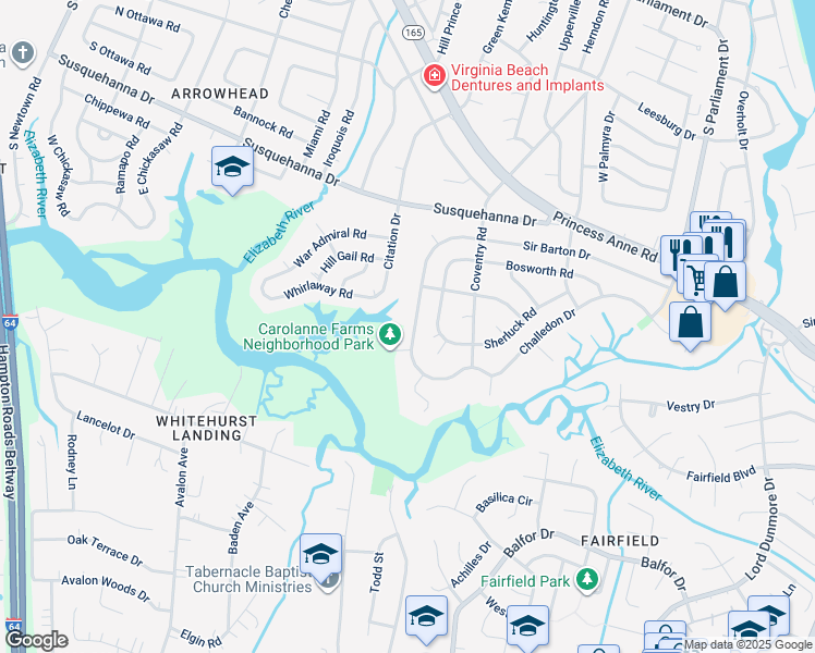 map of restaurants, bars, coffee shops, grocery stores, and more near 365 Gainsborough Road in Virginia Beach