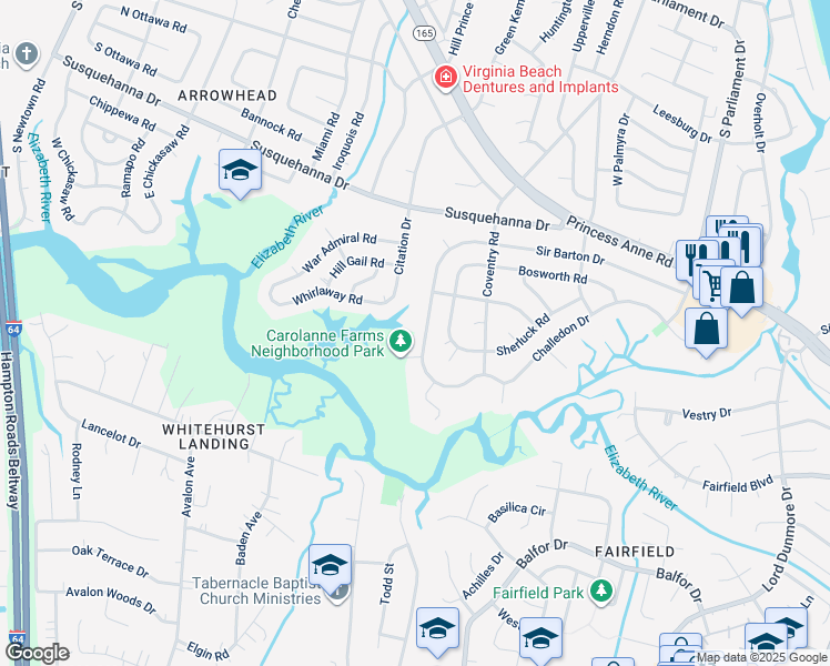 map of restaurants, bars, coffee shops, grocery stores, and more near 365 Gainsborough Road in Virginia Beach
