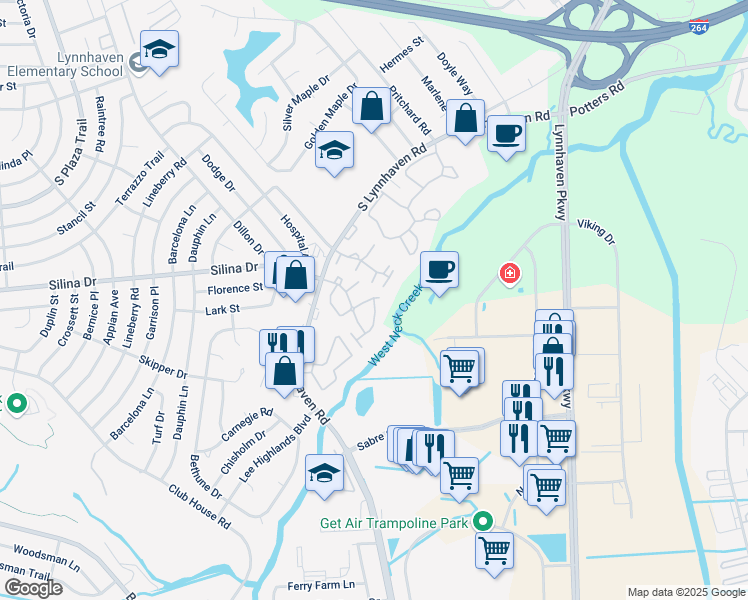 map of restaurants, bars, coffee shops, grocery stores, and more near 504 Pheasant Run in Virginia Beach