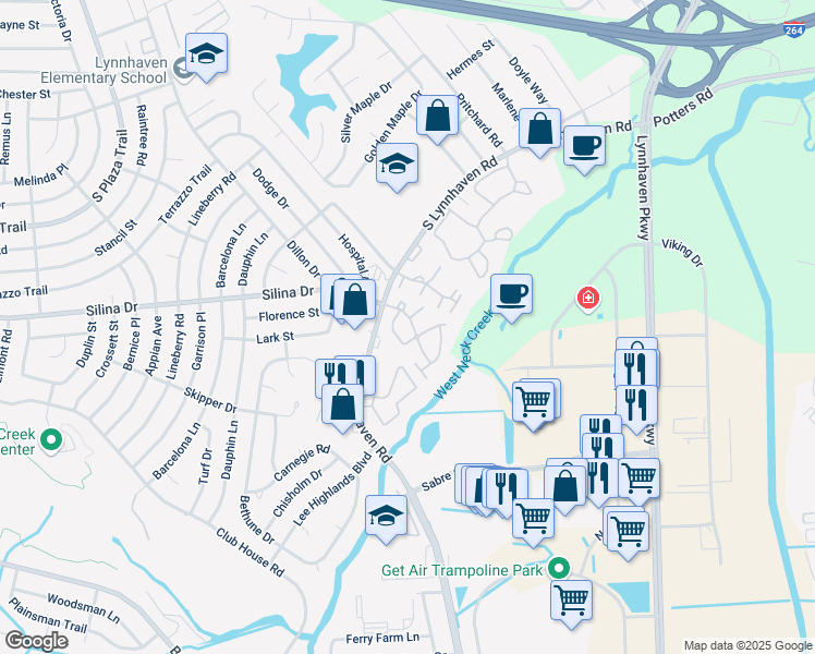 map of restaurants, bars, coffee shops, grocery stores, and more near 633 Rivers Reach in Virginia Beach