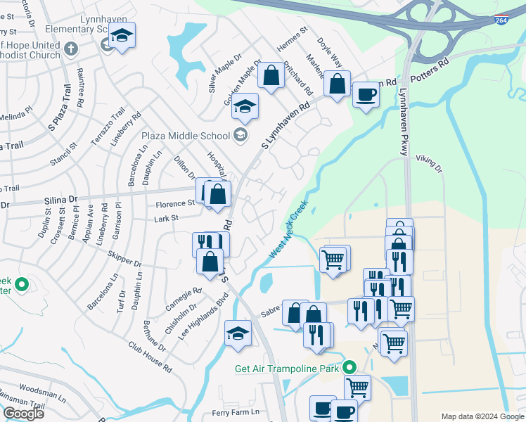 map of restaurants, bars, coffee shops, grocery stores, and more near 523 Rivers Reach in Virginia Beach