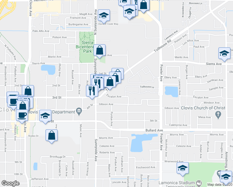 map of restaurants, bars, coffee shops, grocery stores, and more near 1516 Escalon Avenue in Clovis