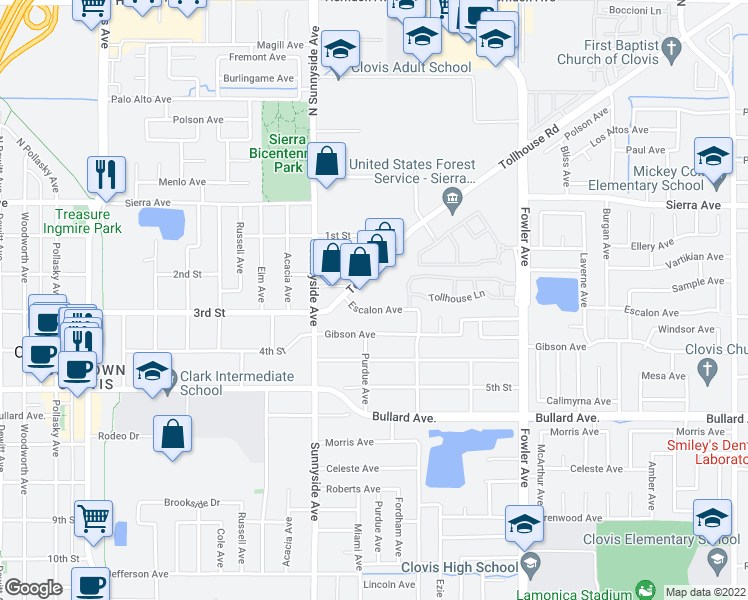 map of restaurants, bars, coffee shops, grocery stores, and more near 1516 Escalon Avenue in Clovis