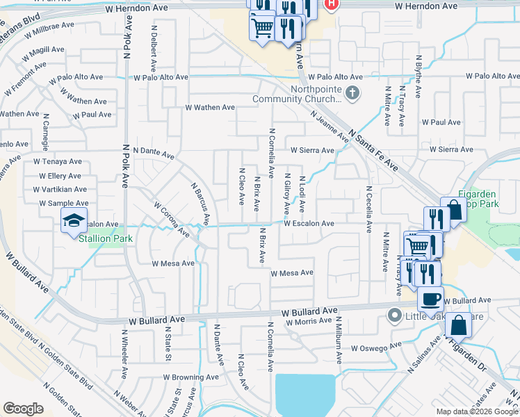 map of restaurants, bars, coffee shops, grocery stores, and more near 6324 North Brix Avenue in Fresno