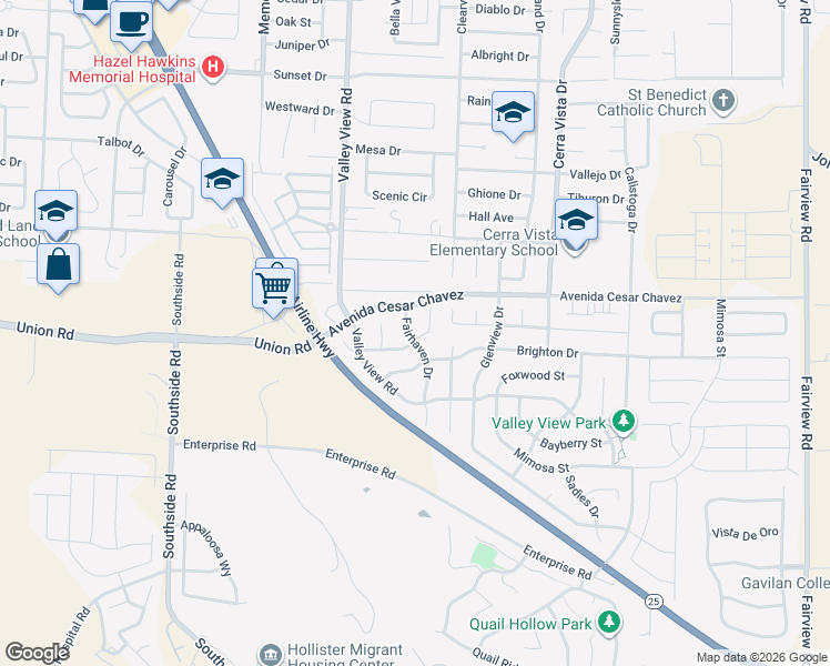 map of restaurants, bars, coffee shops, grocery stores, and more near 2320 Fairhaven Drive in Hollister