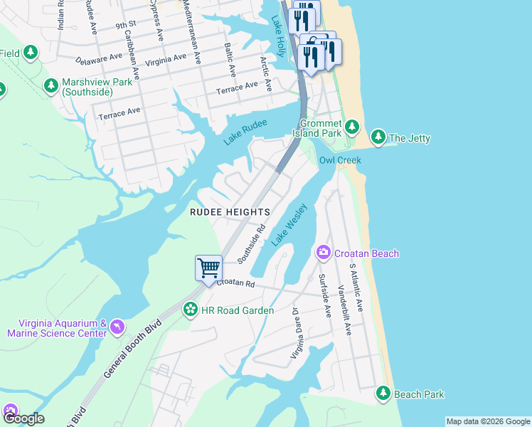 map of restaurants, bars, coffee shops, grocery stores, and more near 401 Grace Avenue in Virginia Beach
