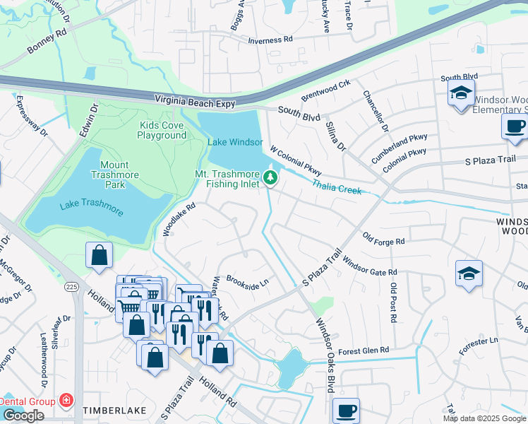 map of restaurants, bars, coffee shops, grocery stores, and more near 4148 Mill Stream Road in Virginia Beach