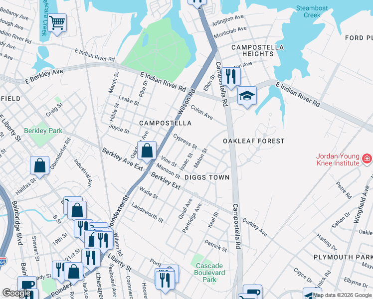 map of restaurants, bars, coffee shops, grocery stores, and more near 1530 Isaac Street in Norfolk