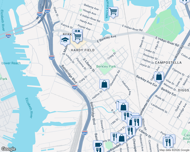 map of restaurants, bars, coffee shops, grocery stores, and more near 900 Middlesex Street in Norfolk