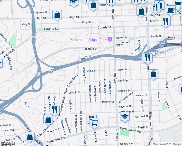 map of restaurants, bars, coffee shops, grocery stores, and more near 1507 Charleston Avenue in Portsmouth