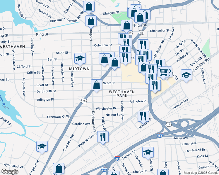 map of restaurants, bars, coffee shops, grocery stores, and more near 3519 Dartmouth Street in Portsmouth