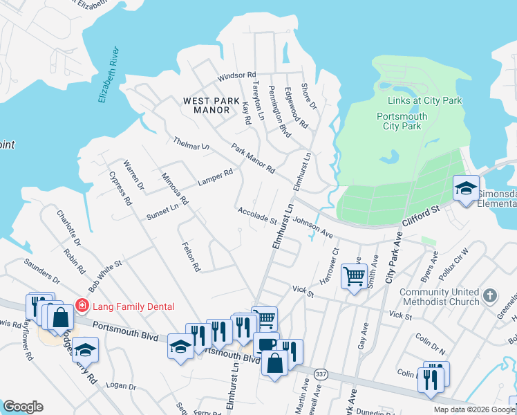 map of restaurants, bars, coffee shops, grocery stores, and more near 601 Broomhill Avenue in Portsmouth