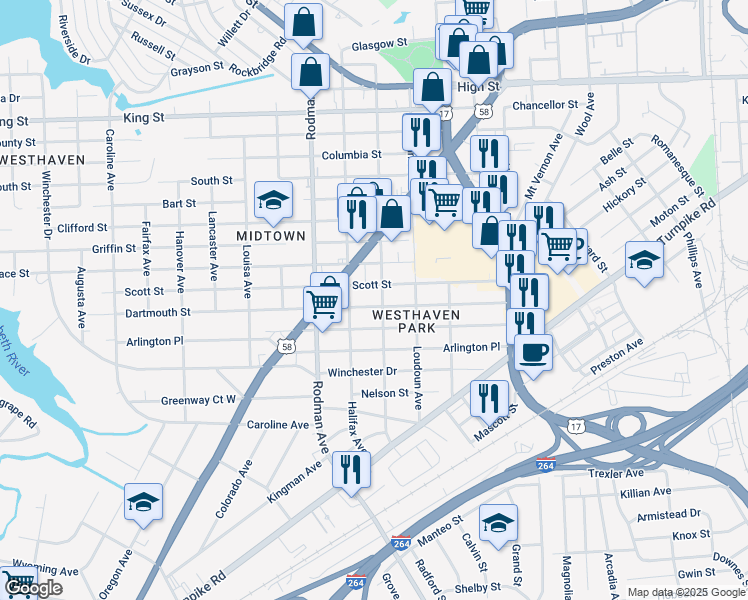 map of restaurants, bars, coffee shops, grocery stores, and more near 3519 Dartmouth Street in Portsmouth