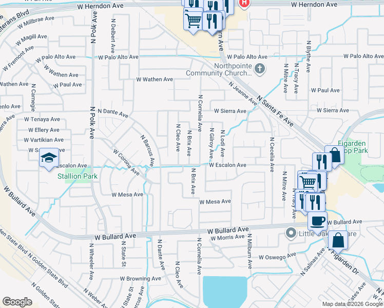 map of restaurants, bars, coffee shops, grocery stores, and more near 6324 North Brix Avenue in Fresno