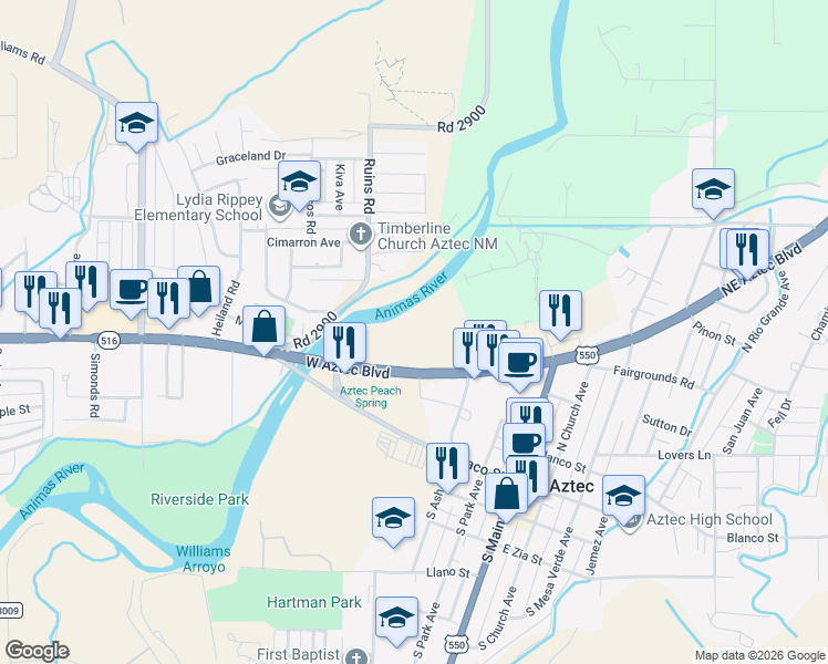 map of restaurants, bars, coffee shops, grocery stores, and more near 701 Ash Street in Aztec