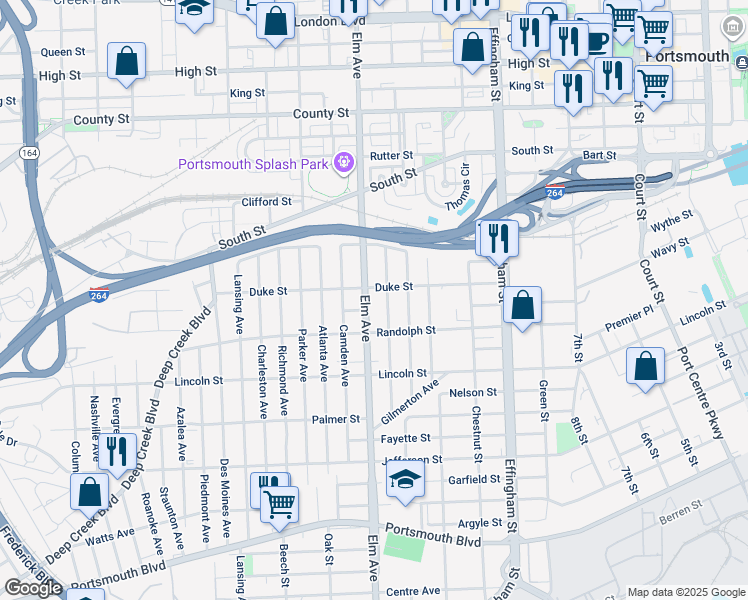 map of restaurants, bars, coffee shops, grocery stores, and more near 1513 Elm Avenue in Portsmouth