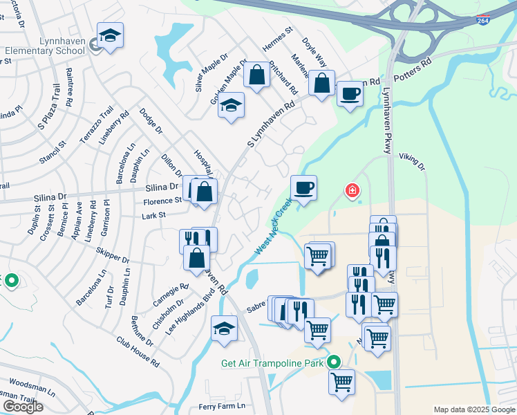 map of restaurants, bars, coffee shops, grocery stores, and more near 500 Pheasant Run in Virginia Beach