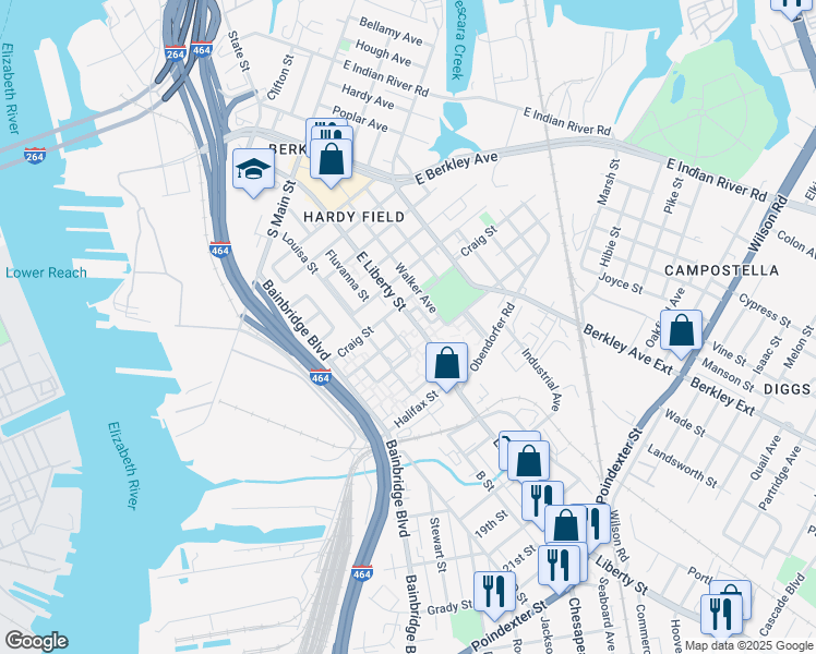 map of restaurants, bars, coffee shops, grocery stores, and more near 909 East Liberty Street in Norfolk