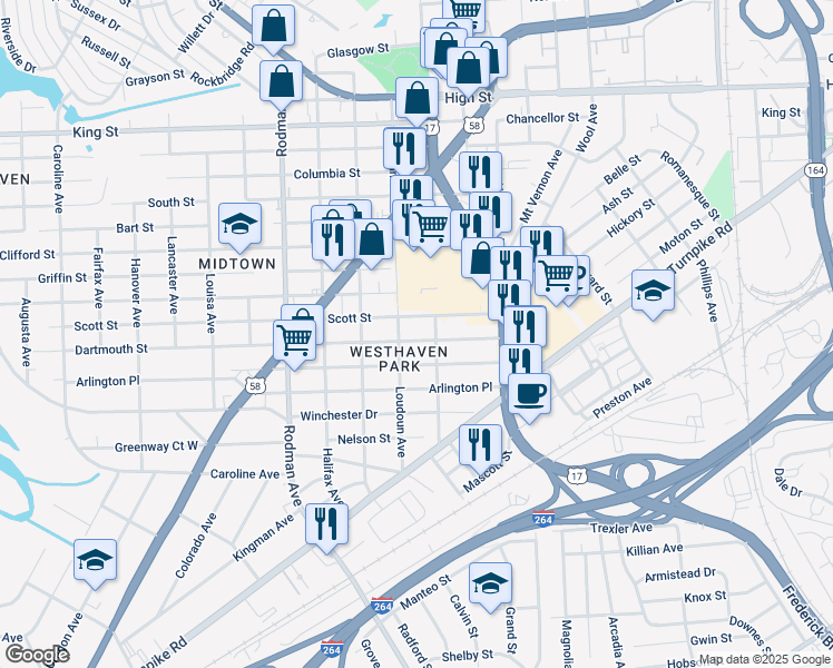 map of restaurants, bars, coffee shops, grocery stores, and more near 3306 Dartmouth Street in Portsmouth