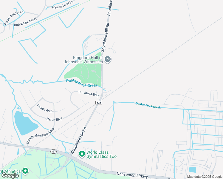 map of restaurants, bars, coffee shops, grocery stores, and more near 4530 Shoulders Hill Road in Suffolk