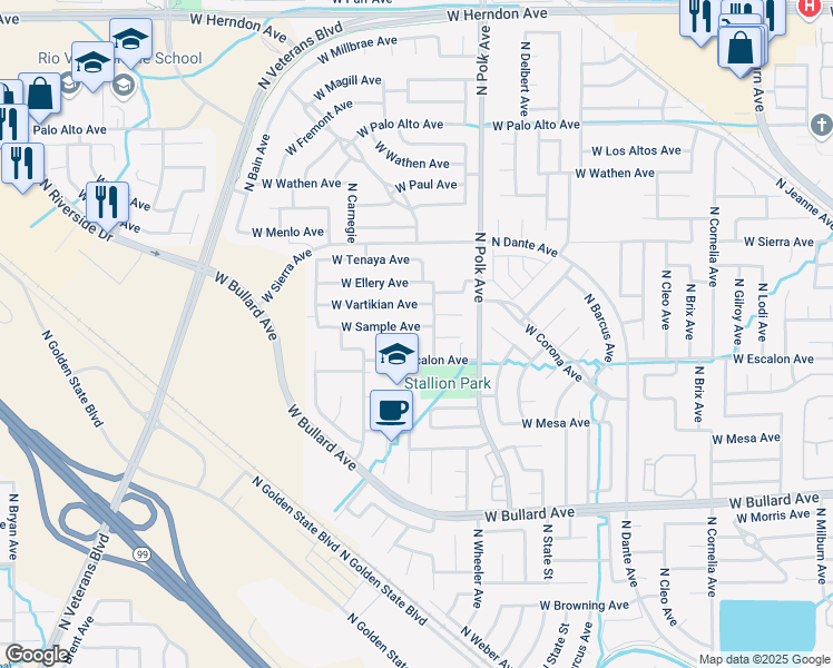 map of restaurants, bars, coffee shops, grocery stores, and more near 5611 West Sample Avenue in Fresno