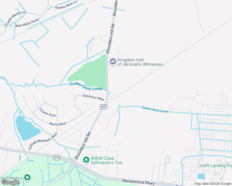 map of restaurants, bars, coffee shops, grocery stores, and more near 4530 Shoulders Hill Road in Suffolk