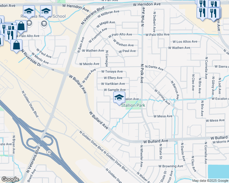 map of restaurants, bars, coffee shops, grocery stores, and more near 5691 West Sample Avenue in Fresno