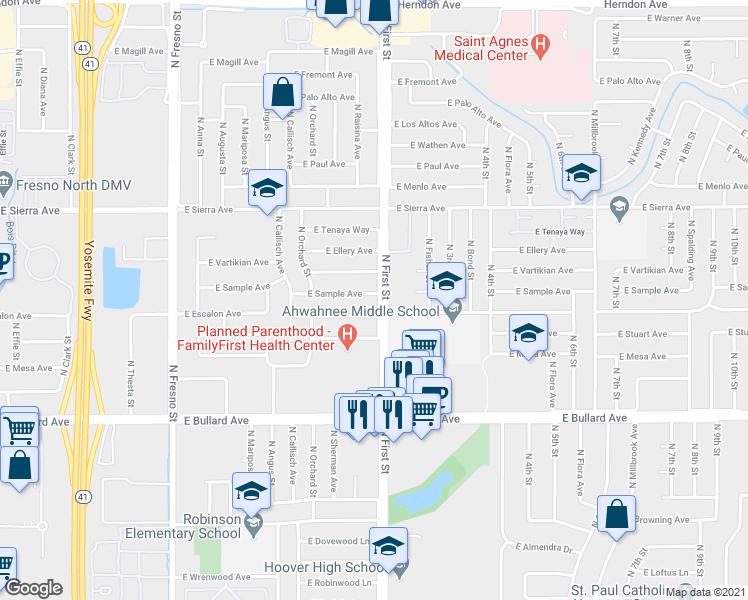 map of restaurants, bars, coffee shops, grocery stores, and more near 783 East Sample Avenue in Fresno