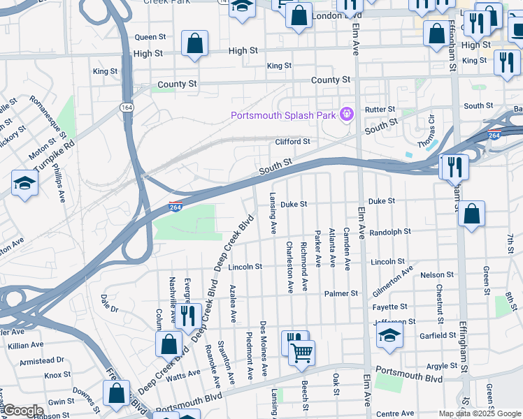 map of restaurants, bars, coffee shops, grocery stores, and more near 1503 Des Moines Avenue in Portsmouth