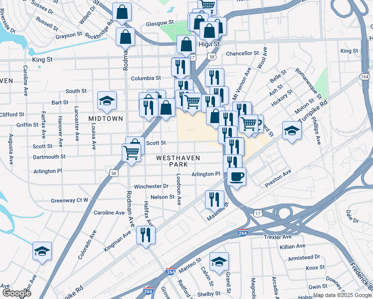 map of restaurants, bars, coffee shops, grocery stores, and more near 3306 Dartmouth Street in Portsmouth