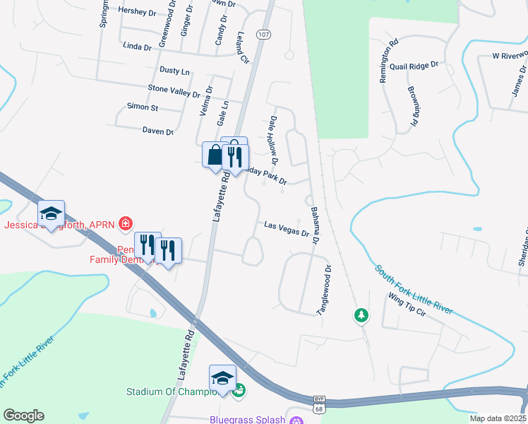 map of restaurants, bars, coffee shops, grocery stores, and more near Holiday Park School Road in Hopkinsville