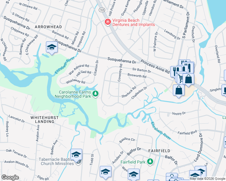map of restaurants, bars, coffee shops, grocery stores, and more near 5404 Sherluck Road in Virginia Beach