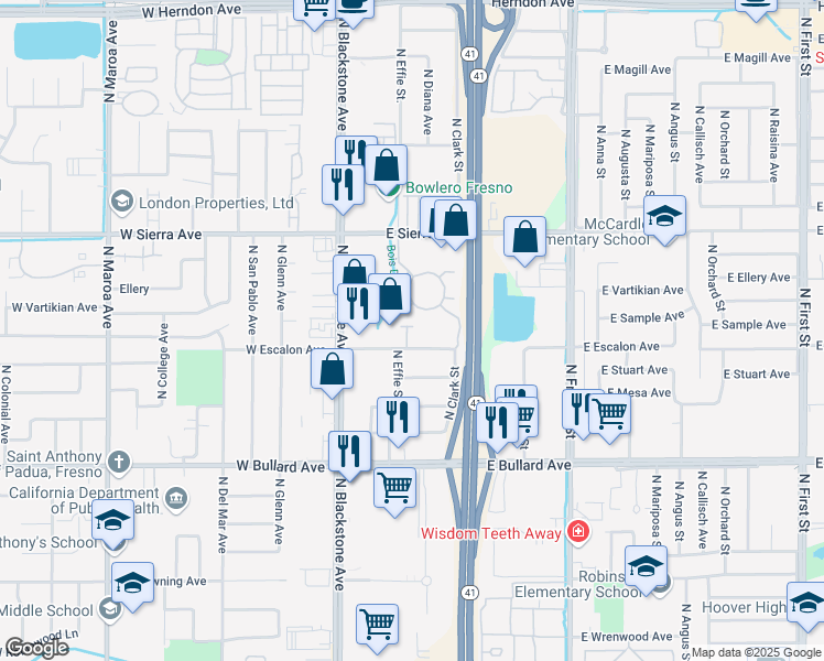 map of restaurants, bars, coffee shops, grocery stores, and more near 147 East Escalon Avenue in Fresno