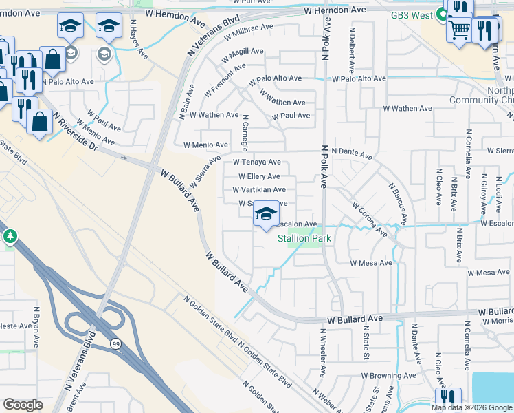 map of restaurants, bars, coffee shops, grocery stores, and more near 5684 West Escalon Avenue in Fresno