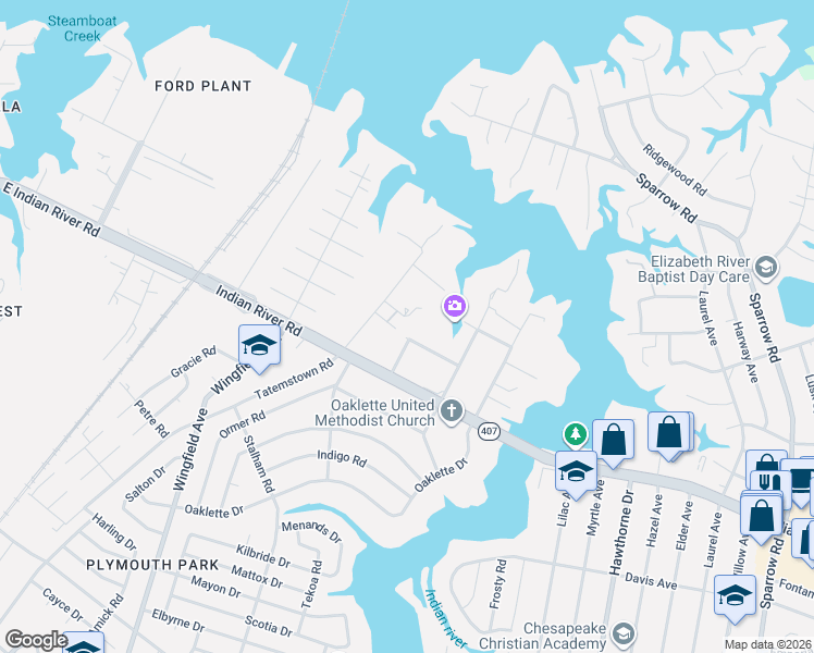 map of restaurants, bars, coffee shops, grocery stores, and more near 1045 Ontario Street in Chesapeake