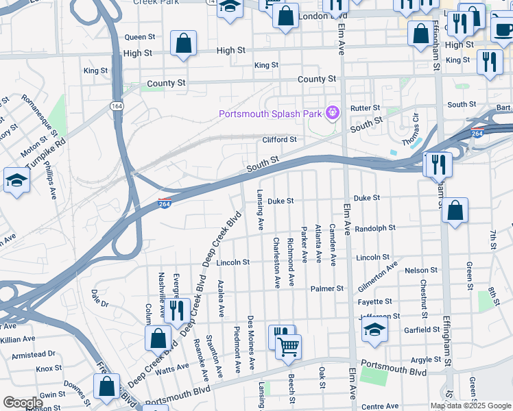 map of restaurants, bars, coffee shops, grocery stores, and more near 1527 Des Moines Avenue in Portsmouth