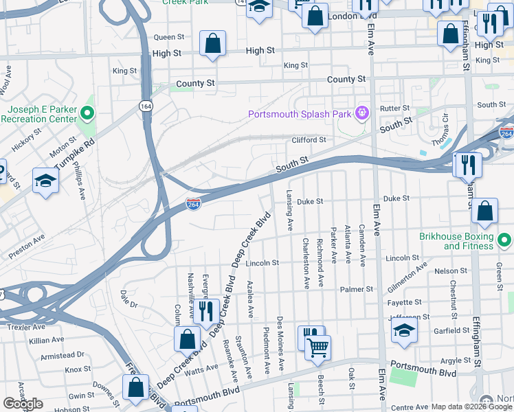 map of restaurants, bars, coffee shops, grocery stores, and more near 2203 Calvary Court in Portsmouth
