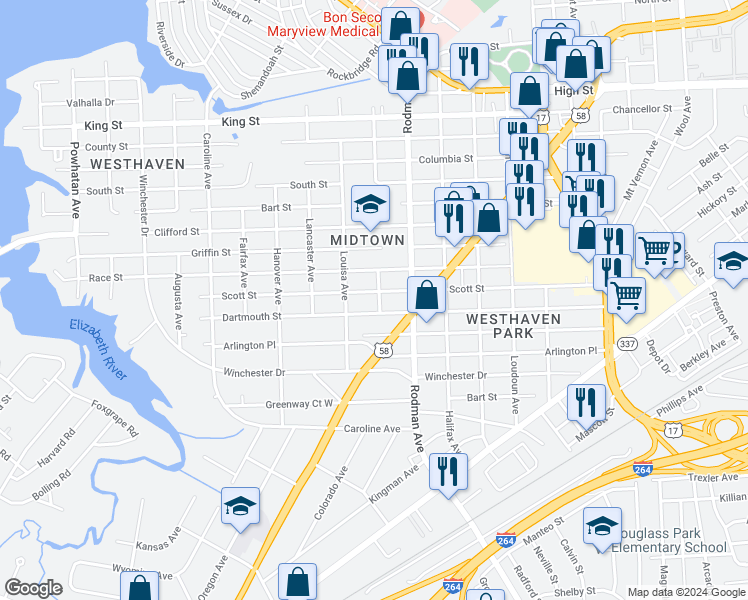 map of restaurants, bars, coffee shops, grocery stores, and more near 3805 Scott Street in Portsmouth