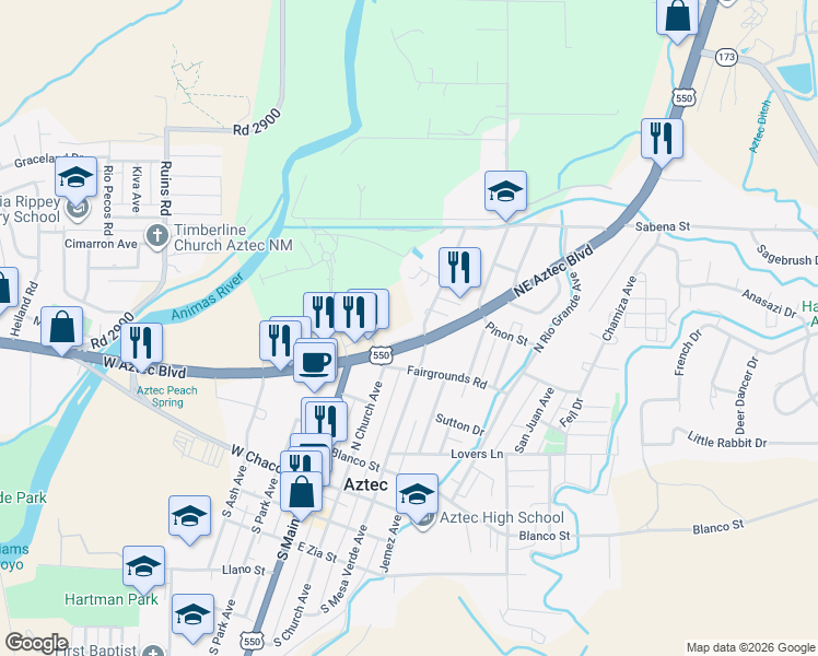 map of restaurants, bars, coffee shops, grocery stores, and more near 206 Northeast Aztec Boulevard in Aztec