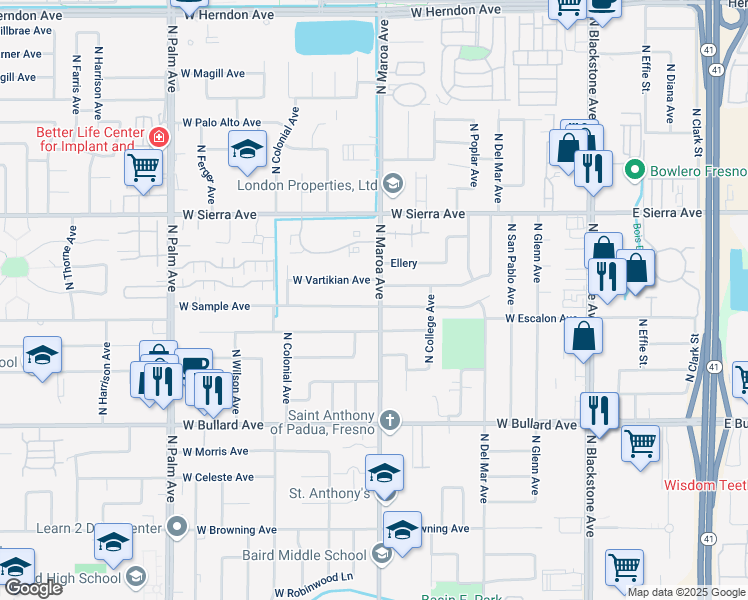 map of restaurants, bars, coffee shops, grocery stores, and more near 412 West Sample Avenue in Fresno