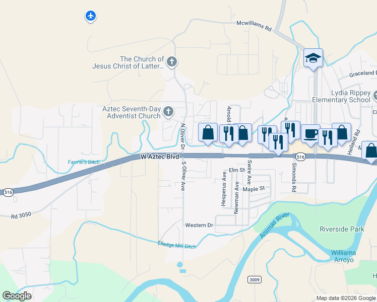 map of restaurants, bars, coffee shops, grocery stores, and more near 103 South Oliver Drive in Aztec