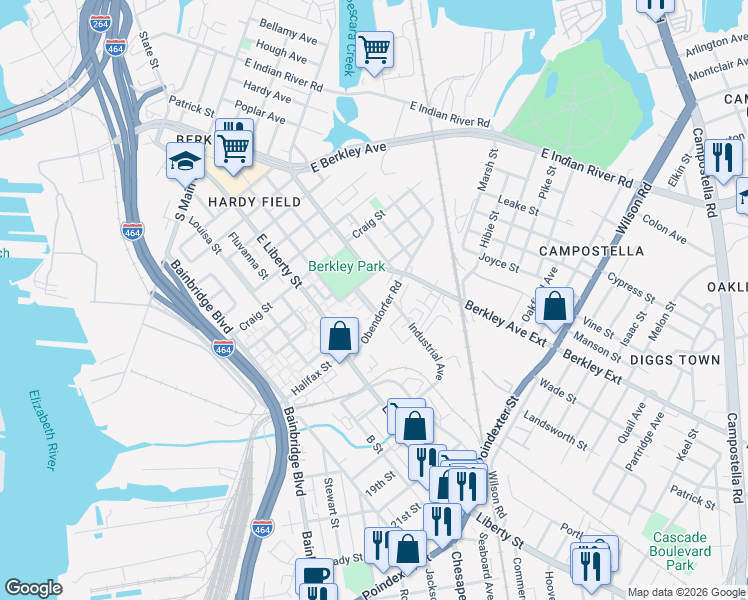 map of restaurants, bars, coffee shops, grocery stores, and more near 1063 Obendorfer Road in Norfolk