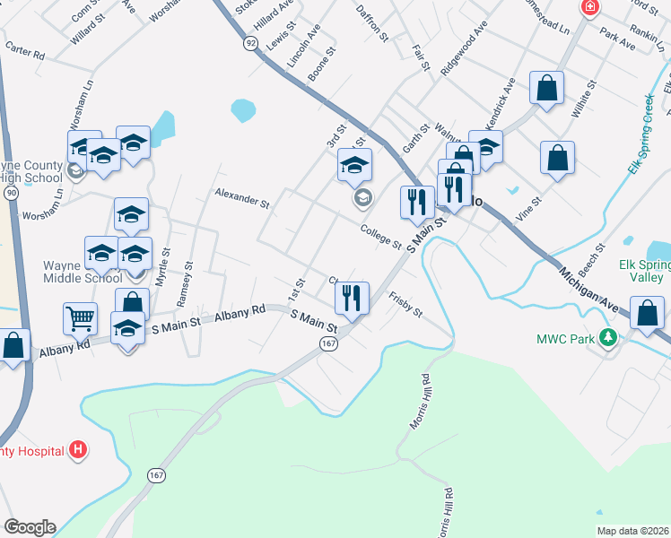 map of restaurants, bars, coffee shops, grocery stores, and more near 300-318 West Street in Monticello